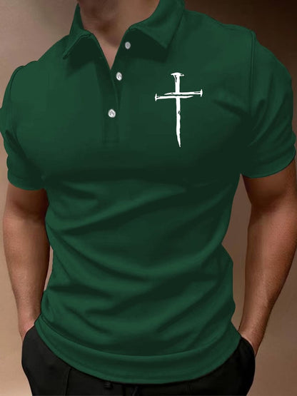 Men's Casual Cross Print Button Collar Polo Top