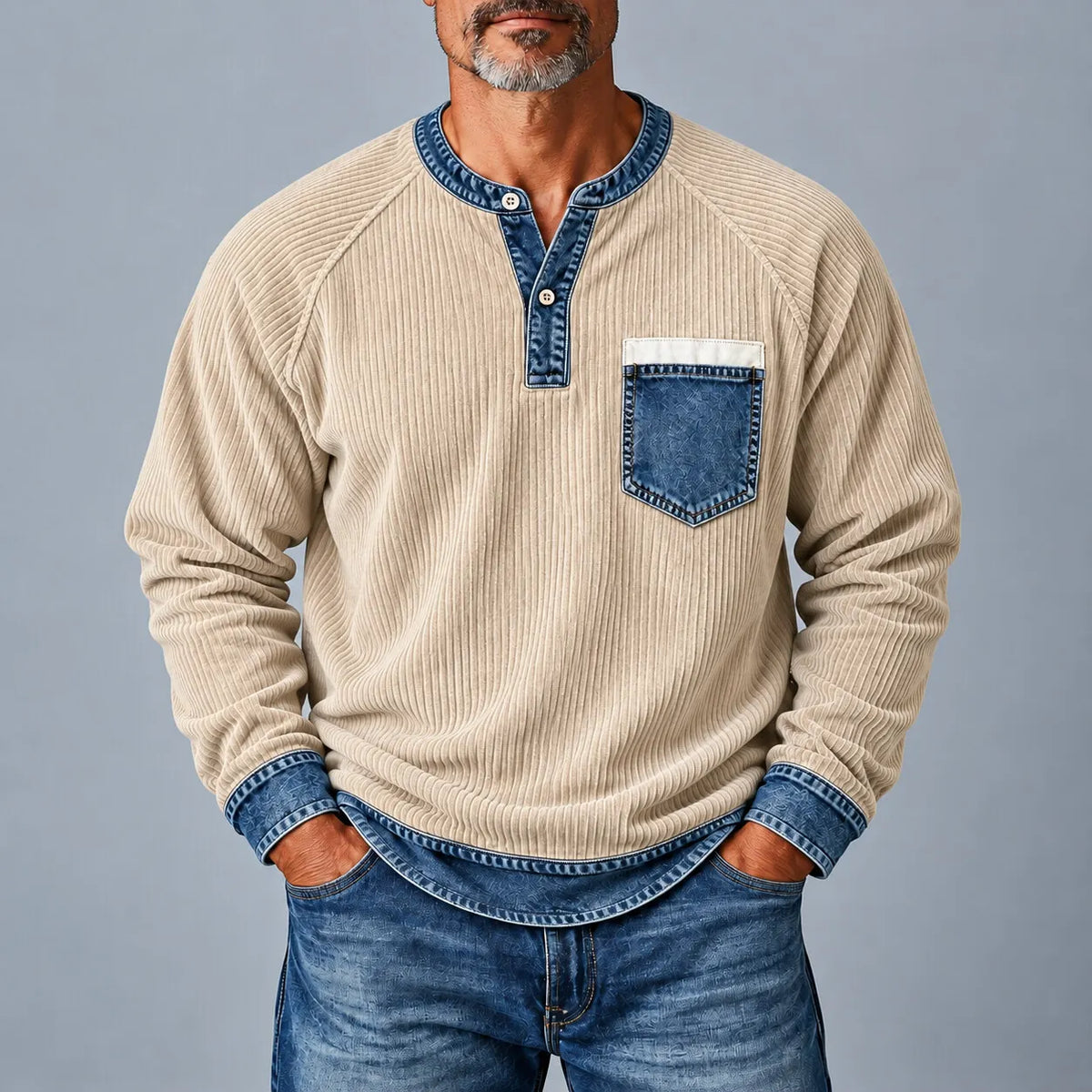 Men's Black Contrast Trim Patch Pocket Long Sleeve Pullover Corduroy Henley Shirt