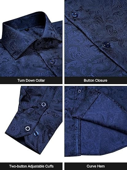 Men's Silk Paisley Dress Shirts,Blue Paisley