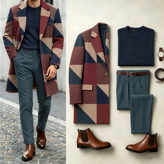 Men's Geometric Print Suit Set: Coat, Knit Sweater, and Pants
