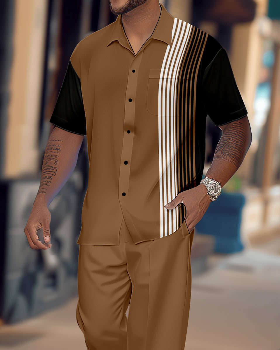 Men's Retro Colorblock Short Sleeve Shirt Walking Suit 1453
