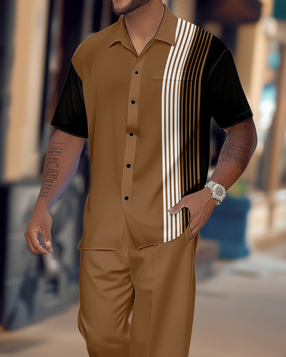 Men's Retro Colorblock Short Sleeve Shirt Walking Suit 1453