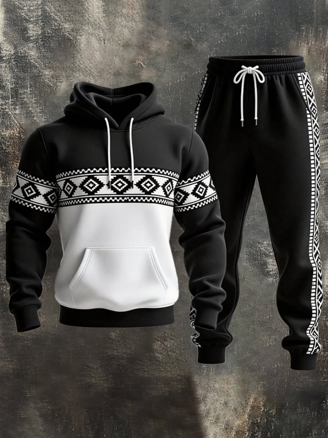 Men's Retro Distressed Contrast Color Hooded Casual Sweatshirt Set