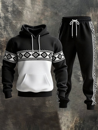 Men's Retro Distressed Contrast Color Hooded Casual Sweatshirt Set