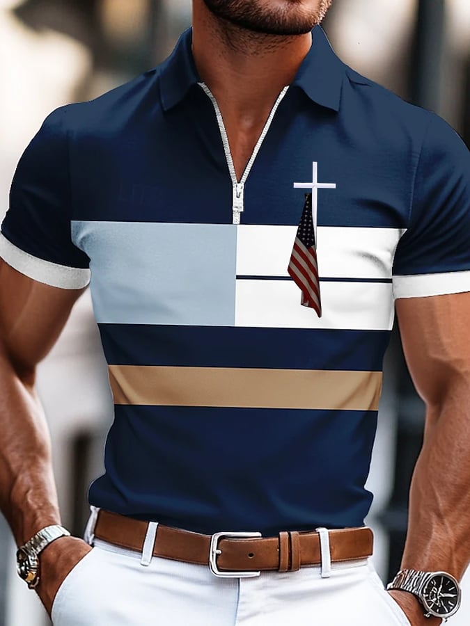 Men's Flag Cross Print  Polo Shirt