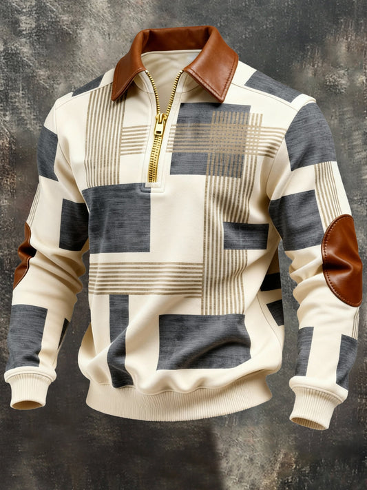 Men's Vintage Color-Block Printed Zip-Up Hoodie