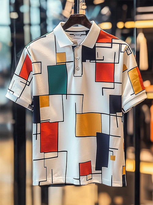 Men's Business Casual Bauhaus Style Button Short Sleeve Polo Shirt