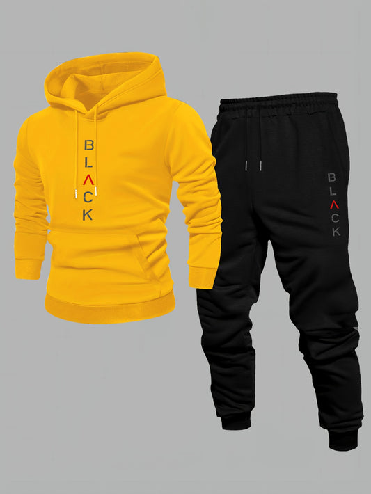 Men's Casual Color Matching Printed Hoodies Long Sleeved Sweatshirts & Sweatpants Two-Piece Set