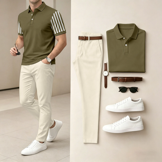 Men's Casual Dark Blue Geometric Printed Polo Shirt And Pants Two-Piece Set
