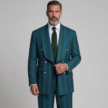 Men's Teal Contrast Striped Print Double-Breasted Shawl Lapel Party Blazer