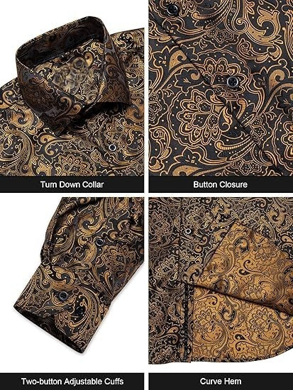 Men's Silk Paisley Dress Shirts,Paisley Gold/Black