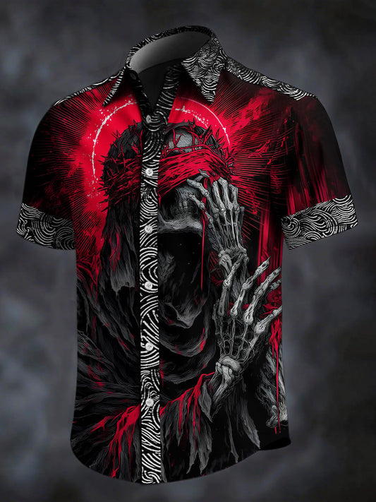 Men's Retro Skull Print Lapel Short Sleeve Shirt