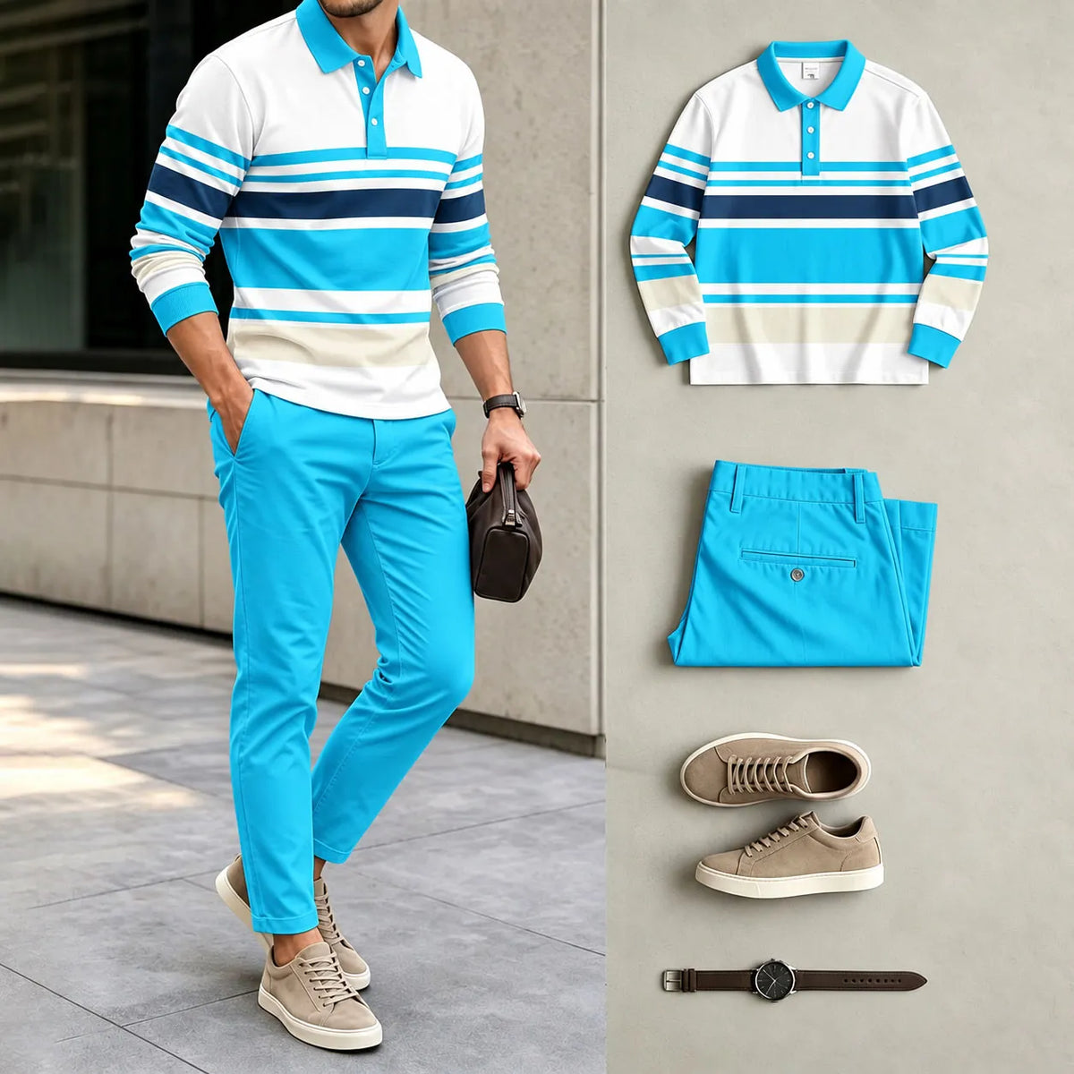 Men's Printed Polo Shirt and Pants Set