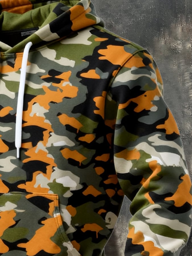 Men's Retro Distressed Color Block Camouflage Print Casual Long Sleeve Sweatshirt