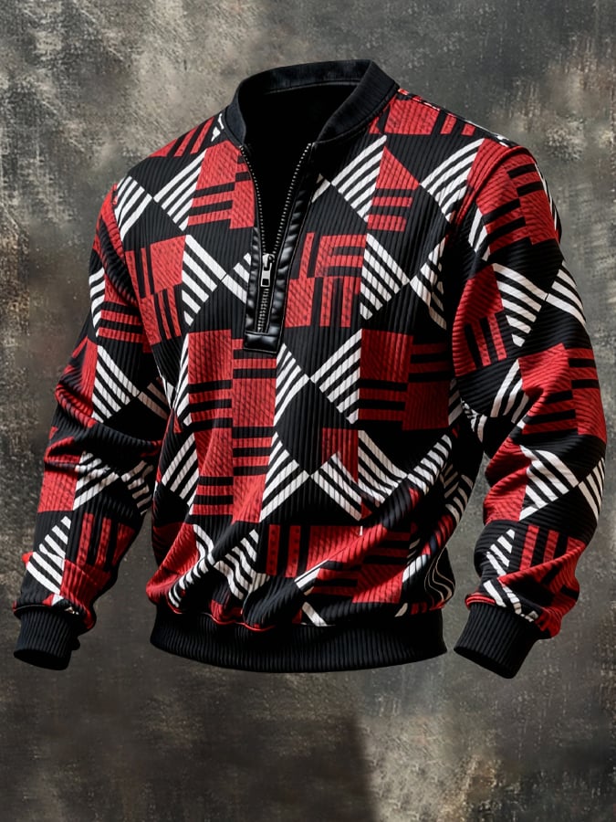 Men's Vintage Color-Block Printed Zip-Up Hoodie