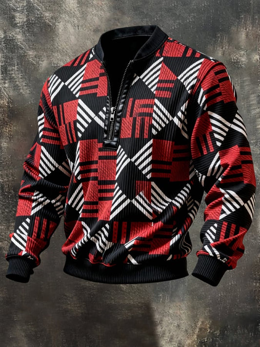 Men's Vintage Color-Block Printed Zip-Up Hoodie