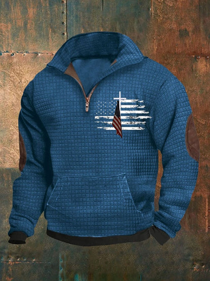 Men's Casual Zip Neck Waffle Faith Print Sweatshirt