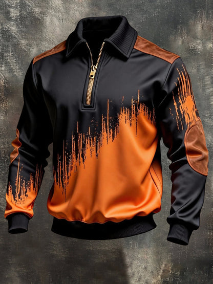 Men's Vintage Color-Block Printed Zip-Up Hoodie