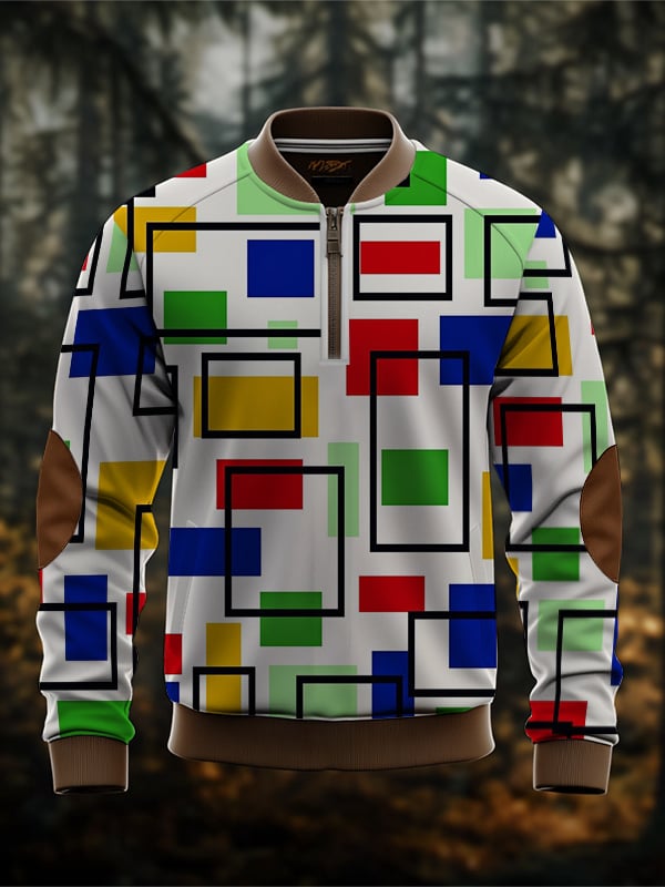 Men's Retro Abstract Colorblock Print Zip-Neck Sweatshirt