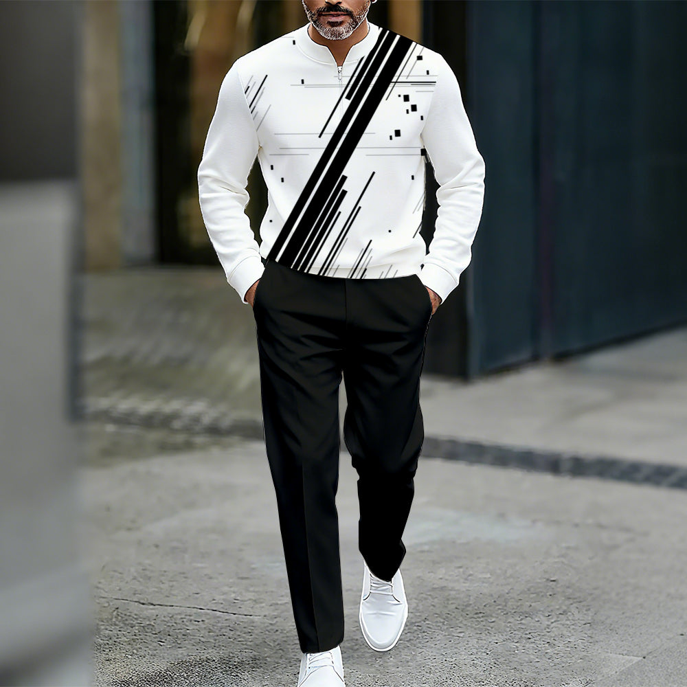 Men's Casual Color Matching Printed Round-Neck Zipper Long Sleeved Trousers Two-Piece Set
