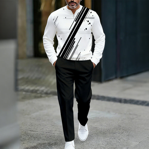Men's Casual Color Matching Printed Round-Neck Zipper Long Sleeved Trousers Two-Piece Set