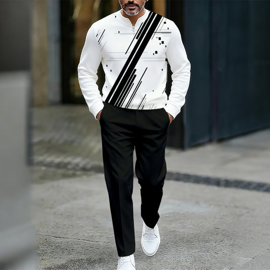 Men's Casual Color Matching Printed Round-Neck Zipper Long Sleeved Trousers Two-Piece Set