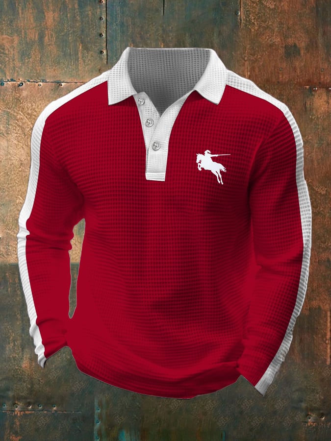 Men's Business Casual Waffle Fabric Long Sleeve Polo Shirt