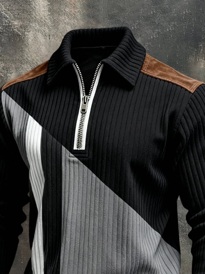 Men's Retro Color Block Print Color-Blocked Zip-Up Sweatshirt