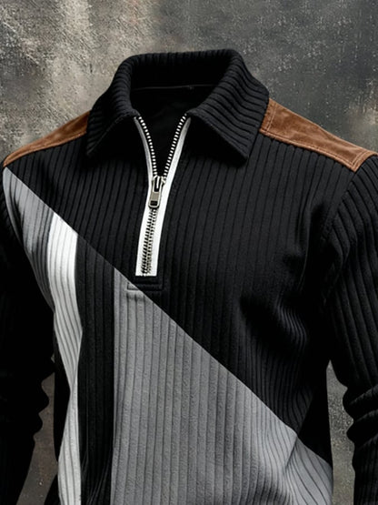 Men's Retro Color Block Print Color-Blocked Zip-Up Sweatshirt