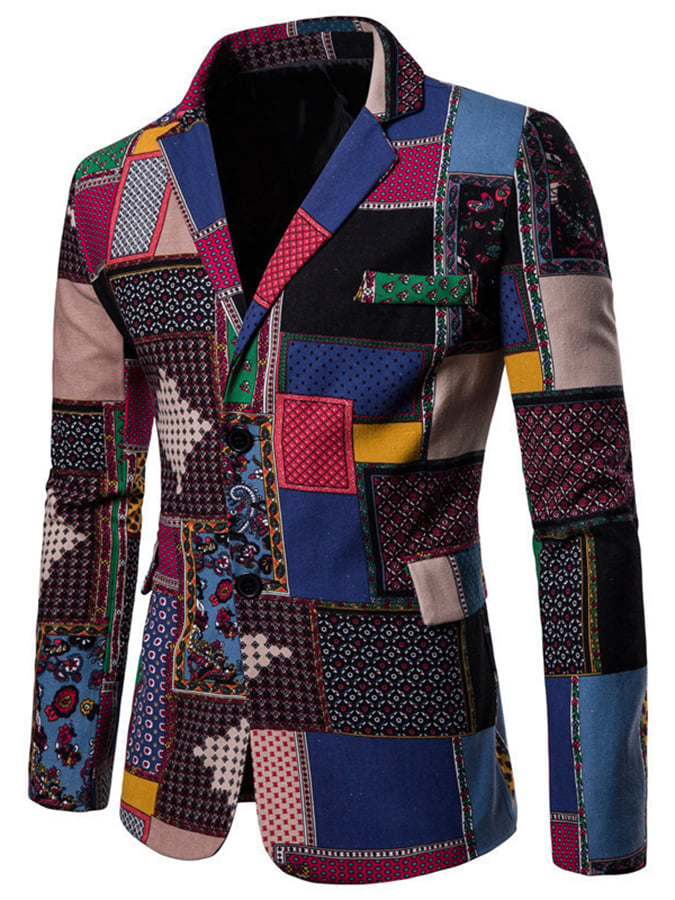 Men's Western Style Printed Patchwork Design Long Sleeve Blazer