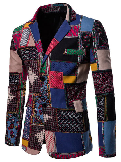 Men's Western Style Printed Patchwork Design Long Sleeve Blazer