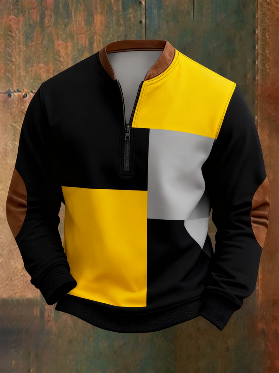 Men's Retro Bauhaus Geometric Style Print Quarter Zip Sweatshirt