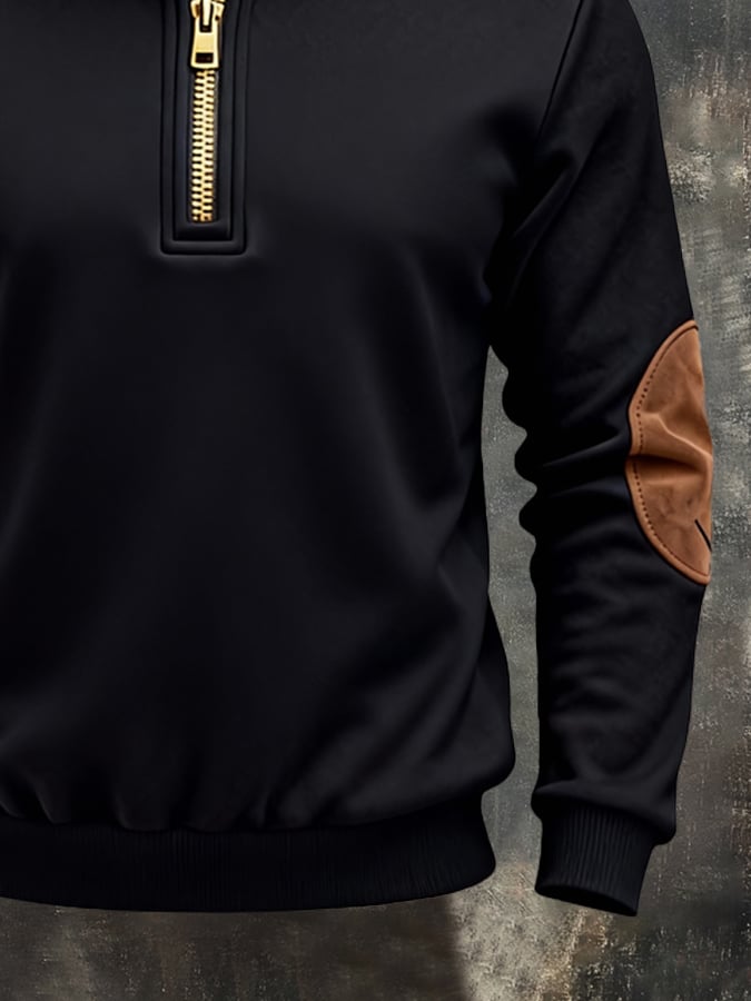 Men's Retro Color Block Print Zipper Sweatshirt