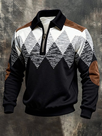 Men's Retro Color Block Print Color-Blocked Zip-Up Sweatshirt