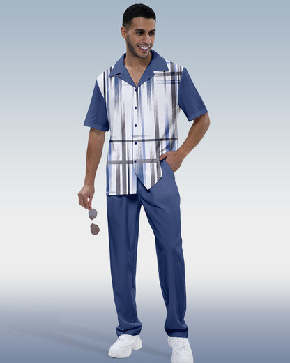 Rianmond Men's Gradient Stripe 2-Piece Short Sleeve Suit 002