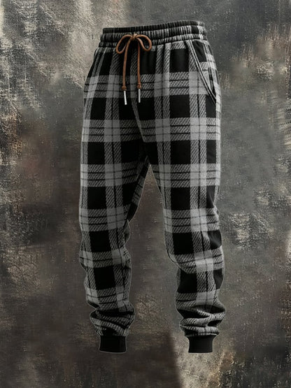 Men's Retro Plaid Hooded Casual Sweatshirt Suit