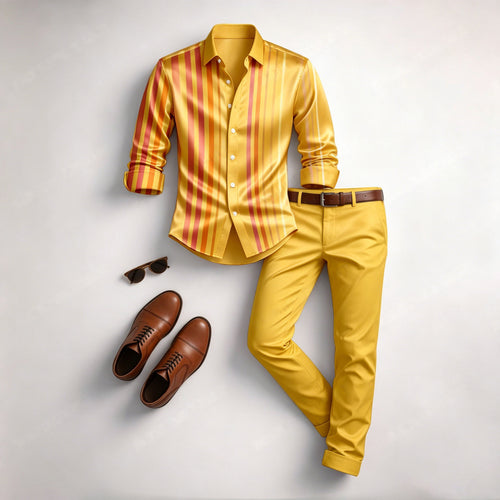 Men's Casual Golden Stripes Color Matching Geometric Printed Long Sleeved Shirt & Trousers Two-Piece Set