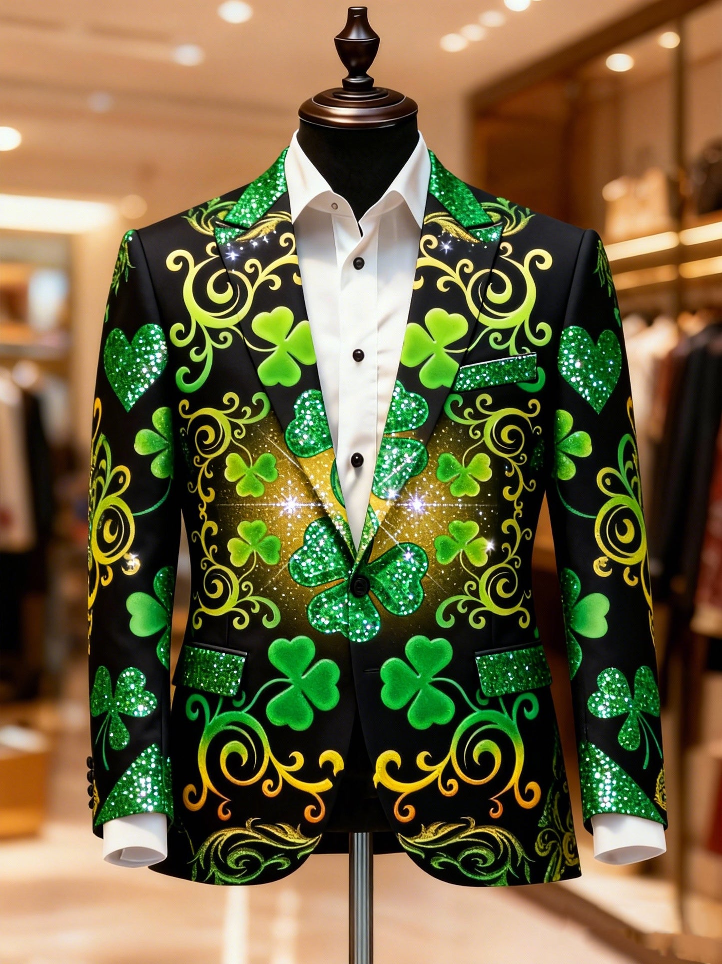 Men's Casual Notch Lapel Shamrock St Patrick's Day Print Blazers