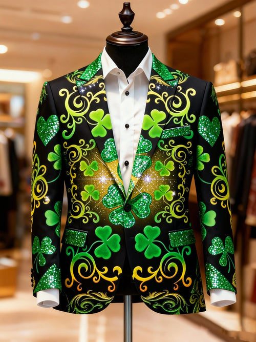 Men's Casual Notch Lapel Shamrock St Patrick's Day Print Blazers