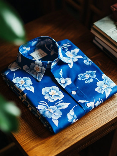 Men's Business Casual Dark Floral Lapel Short Sleeve Shirt