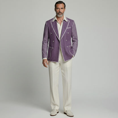 Men's Business Casual Purple Contrast Binding Peak Lapel Double Breasted Striped Long Sleeve Blazer