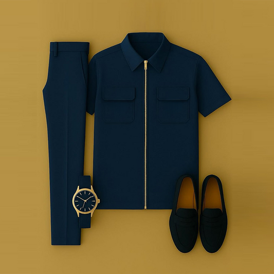 Men's Casual Navy Blue Short Sleeved Zipper Lapel Collar Shirt & Trousers Two-Piece Set