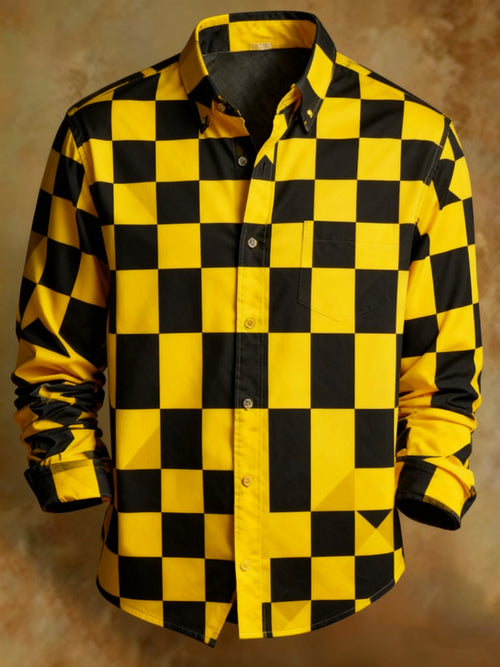 Men's Retro Abstract Art Print Plaid Pattern Business Style Shirt