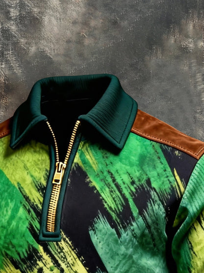 Men's Vintage Color-Block Printed Zip-Up Hoodie