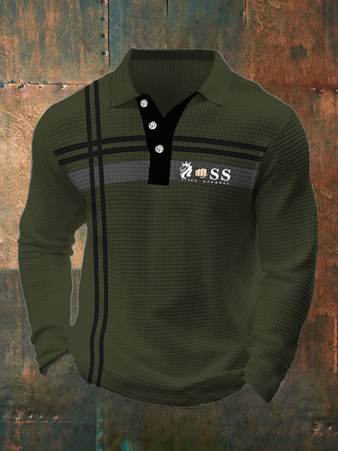 Men's Retro Lettering Design Waffle Fabric Long Sleeve Polo Shirt