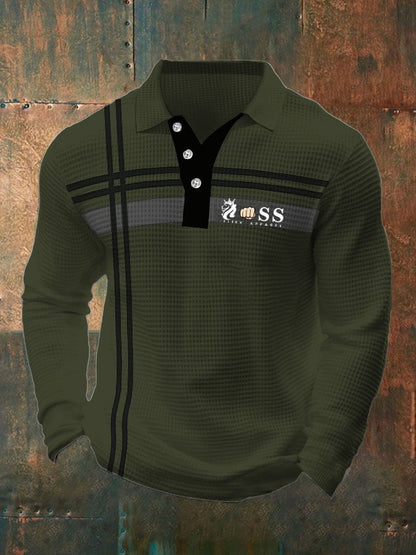 Men's Retro Lettering Design Waffle Fabric Long Sleeve Polo Shirt