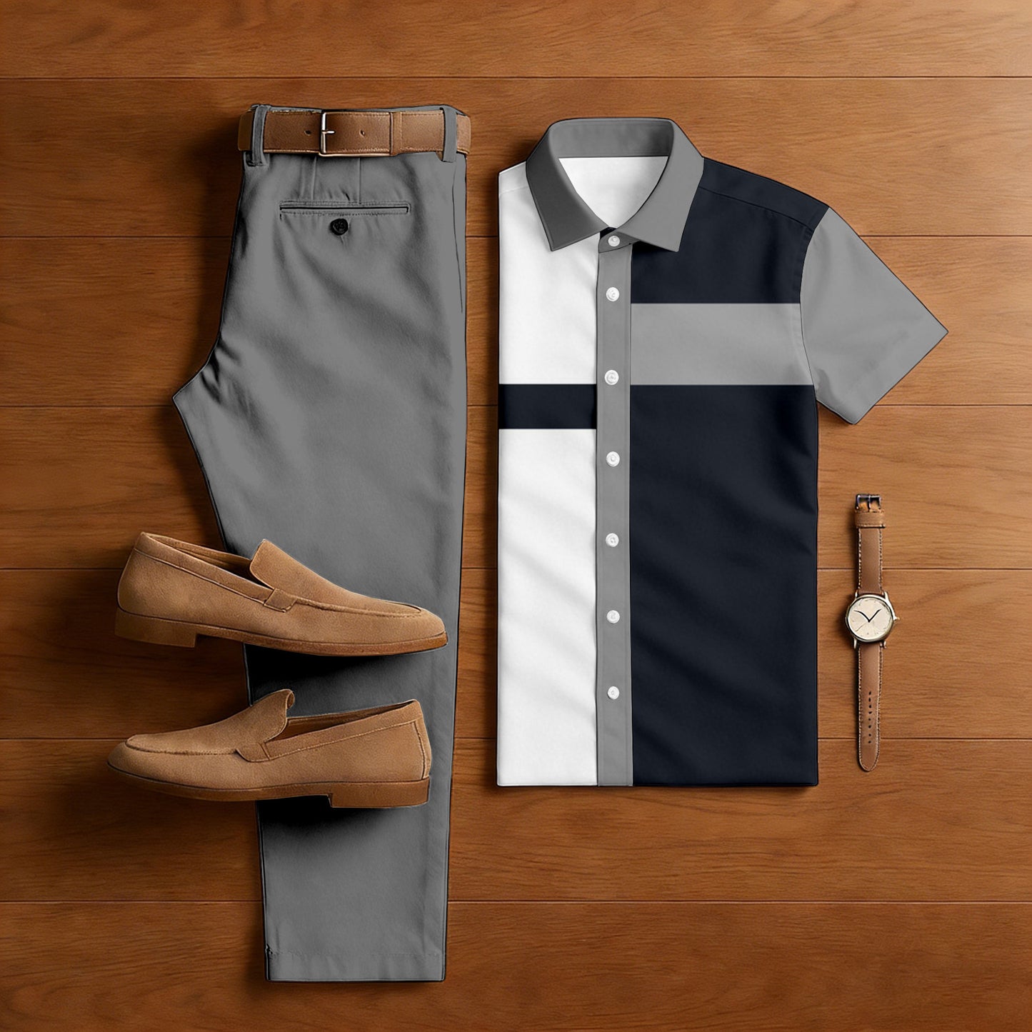 Men's Casual Black & Gray Color Matching Geometric Print Short-Sleeve Shirt & Trousers Two-Piece Set