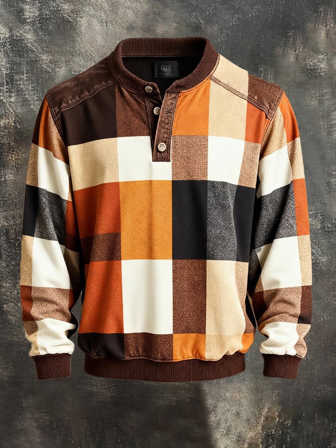 Men's Retro Colorblock Henley Sweatshirt