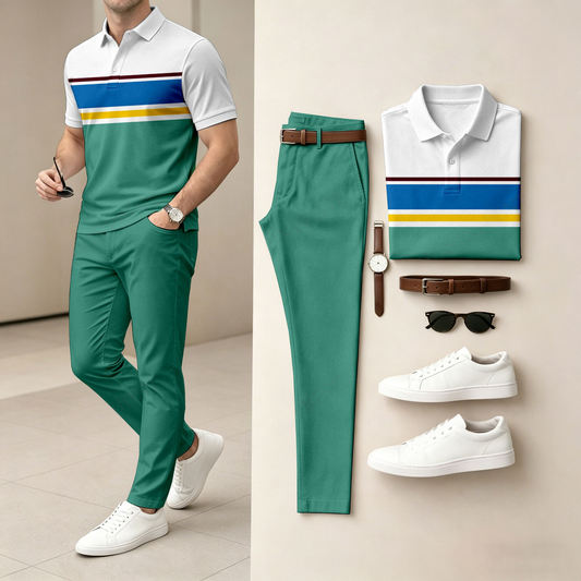 Men's casual striped contrasting printed polo shirt and pants two-piece set
