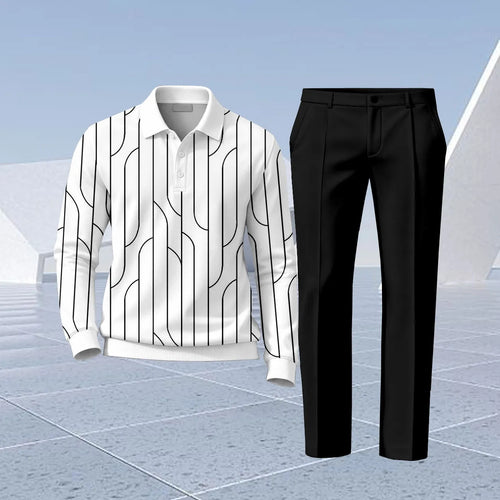 Men's Striped Print Polo Shirt and Pants Two-Piece Set